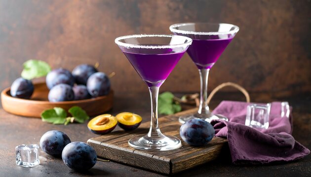 Purple plum cocktails on dark background