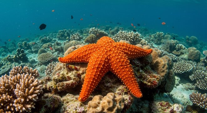 Etoile de mer orange repose paisiblement recif corail lumiere sous marine douce. AI Generated