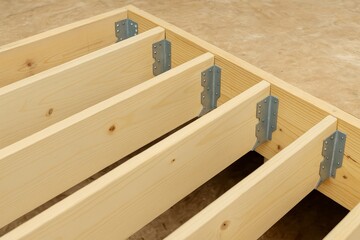 Wood floor joists secured with metal hangers during construction