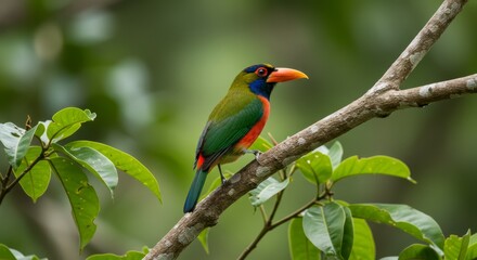 Obraz premium Colorful Toucan Barbet Perched on a Branch in a Lush Forest