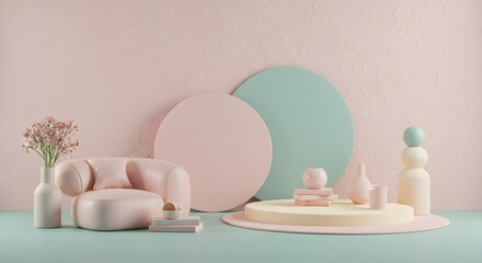 Fototapeta premium Minimalist Pastel Room with Embossed Gardenia Textures