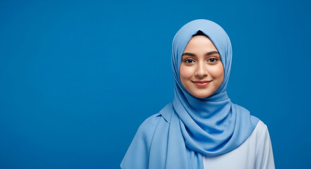 Smiling young woman in a light blue hijab against a vibrant blue background.