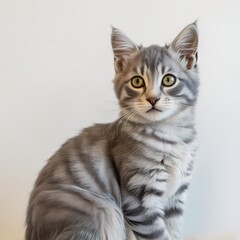 Cute gray tabby kitten is sitting isolated on white background looking up