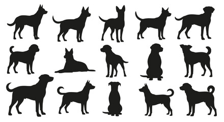 Collection of various dog breed silhouettes, black on white background.