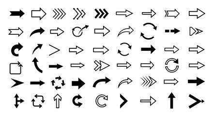 A collection of various arrow designs in black and white, pointing in different directions and styles.