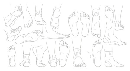 Detailed line art study showcasing various perspectives of human feet, including soles and toes. © Muflif