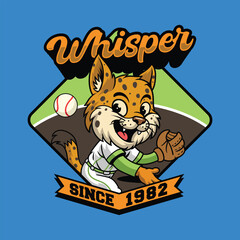 Cute Linx in a baseball uniform running joyfully with a glove in cartoon emblem illustration