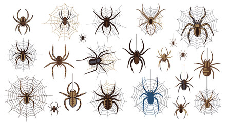 Various spiders and intricate webs, a collection of different spider species.