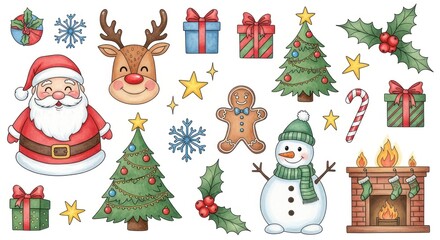 A cheerful collection of festive Christmas illustrations, featuring Santa Claus, reindeer, Christmas trees, presents