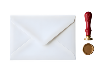 Classic white envelope and traditional wax seal stamp for formal correspondence and invitations transparent background, Png