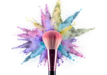 Colorful makeup powder with a soft brush in dynamic motion transparent background, Png