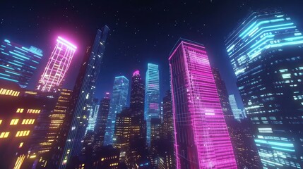 Futuristic cityscape at night with neon lights.