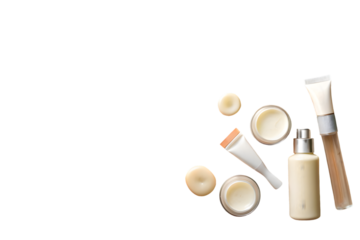 Cosmetic and skin care products with palm leaf on pastel beige background isolated for flat lay photography, beauty, and wellness projects.