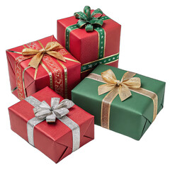Obraz premium A collection of red and green gift wrapped presents with a red, gold, and silver ribbon png holiday gifts png festive present assortment png colorful gift boxes png Christmas present display png