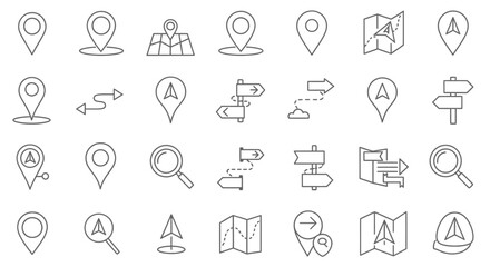 Essential navigation icons showing maps, pins, routes, and direction signs for modern travel planning