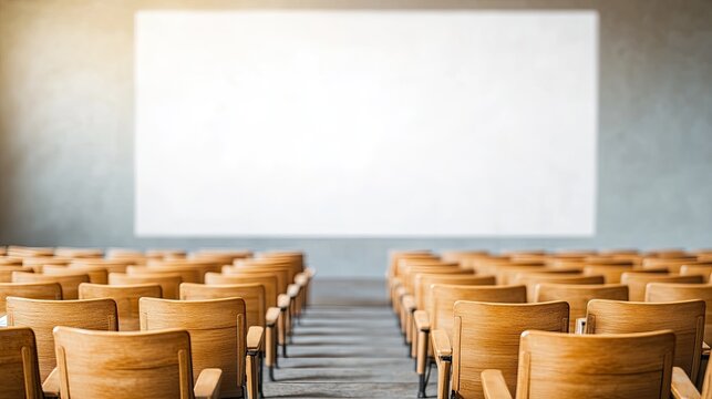 Empty Wooden Chairs Facing Large Blank Screen