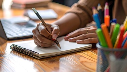 Woman's hand writing thoughts and ideas in a spiral notebook, a concept of creative planning and focused study