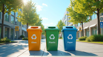 Photo of modern trash bins in an ecologically clean urban environment.