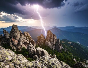 Dramatic lightning storm over rocky mountain peaks