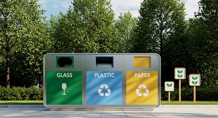 Photo of modern trash bins in an ecologically clean urban environment.