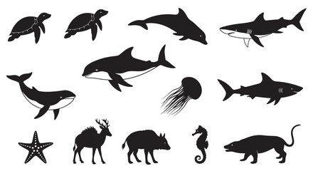 Diverse animal silhouettes including marine life, sea creatures, and land mammals for educational or design projects