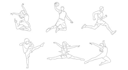 Fototapeta premium Six line art illustrations depicting various athletic poses: ballet dancer, basketball player jumping with ball, runner, martial artist kicking, gymnast in s...