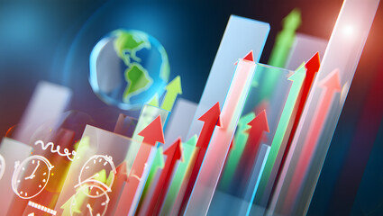 Global Growth: Abstract 3D Arrows, Time, and Earth, Upward Trend, Dynamic, Futuristic Stock Image