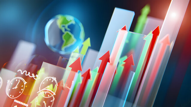 Global Growth: Abstract 3D Arrows, Time, and Earth, Upward Trend, Dynamic, Futuristic Stock Image