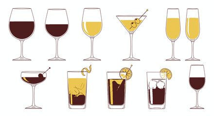 Elegant cocktail and wine glasses for celebrations, parties, and restaurant menus