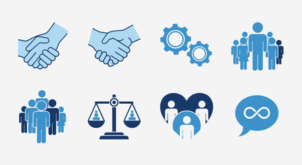 Teamwork, collaboration, and justice icons representing business values and community building
