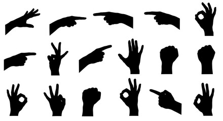 Diverse hand gestures in bold black silhouette, perfect for communication and design concepts