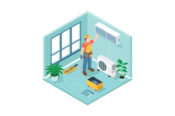 HVAC Technician Installing Air Conditioner: Isometric Illustration for Home Maintenance, Repair, and Cooling System Services for Climate Control and Indoor Comfort
