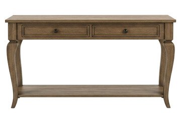 Classic wooden console table with two drawers and a lower shelf isolated on a transparent background