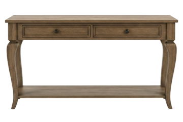 Classic wooden console table with two drawers and a lower shelf isolated on a transparent background