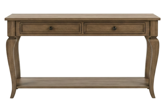 Classic wooden console table with two drawers and a lower shelf isolated on a transparent background