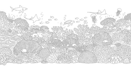 Naklejka premium Explore the vibrant underwater world teeming with aquatic life in this detailed black and white outline