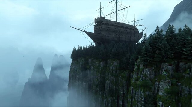 Mysterious wooden galleon perched atop a misty, pine-covered mountain cliff in a surreal and fantastical landscape.