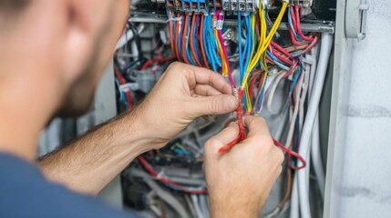 Medium shot of a plumber connecting smart heating system wires within a boiler unit emphasizing the detailed wiring against an outoffocus workshop background.