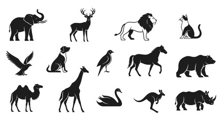Elegant silhouette animal set for graphic design projects featuring wildlife and pets in black and white