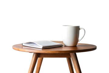 Brown side table with a book and white mug isolated on transparent background, ideal for interior design, lifestyle, and home decor projects.