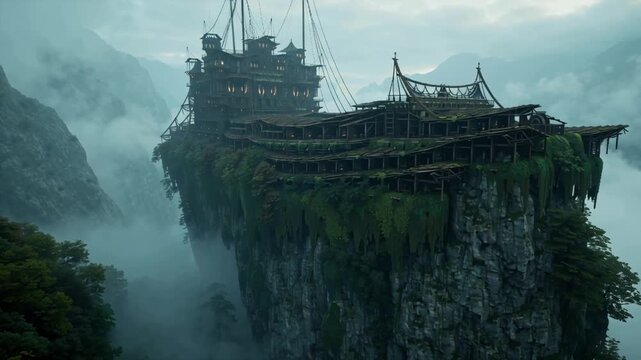 Ancient mythical Asian ark stranded atop a misty mountain cliff, a forgotten fantasy vessel overgrown with jungle vines.