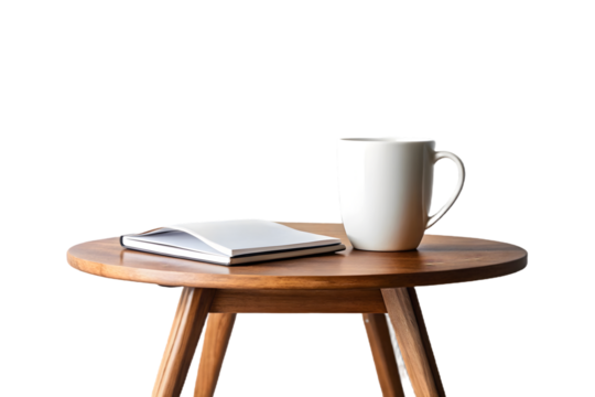 Brown side table with a book and white mug isolated on transparent background, ideal for interior design, lifestyle, and home decor projects.