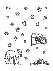 Minimilist a whimsical illustration featuring a wolf, camera, paw prints and grass in black and white style vector