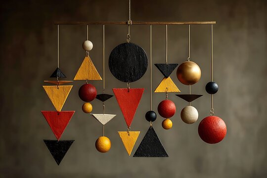 Dynamic mobile with red black white yellow geometric shapes  
