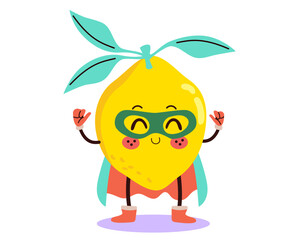 Playful lemon character dressed as a superhero with a cape, perfect for healthy eating campaigns, children’s materials and fresh product branding