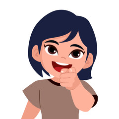 Confident Asian girl pointing forward with her finger cartoon illustration Vector clip art for directions, educational materials and avatars
