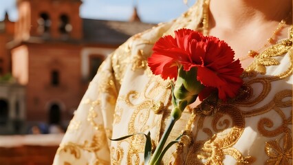 Close-up of a red carnation held by someone in ornate attire with a church in the background