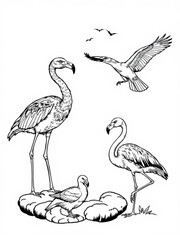 Minimilist detailed line drawing of flamingos, a seagull, and birds flying in the sky on a white background vector