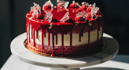 Elegant Red Velvet Drip Cake with Cream Cheese Frosting and Gold Leaf Garnish on a Marble Stand