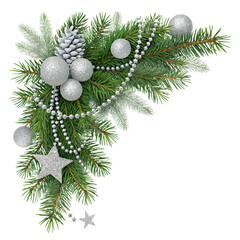 Christmas corner arrangement with green pine twigs and silver garland isolated overlay png festive seasonal decoration holiday greenery close-up png winter celebration ornament transparent background 